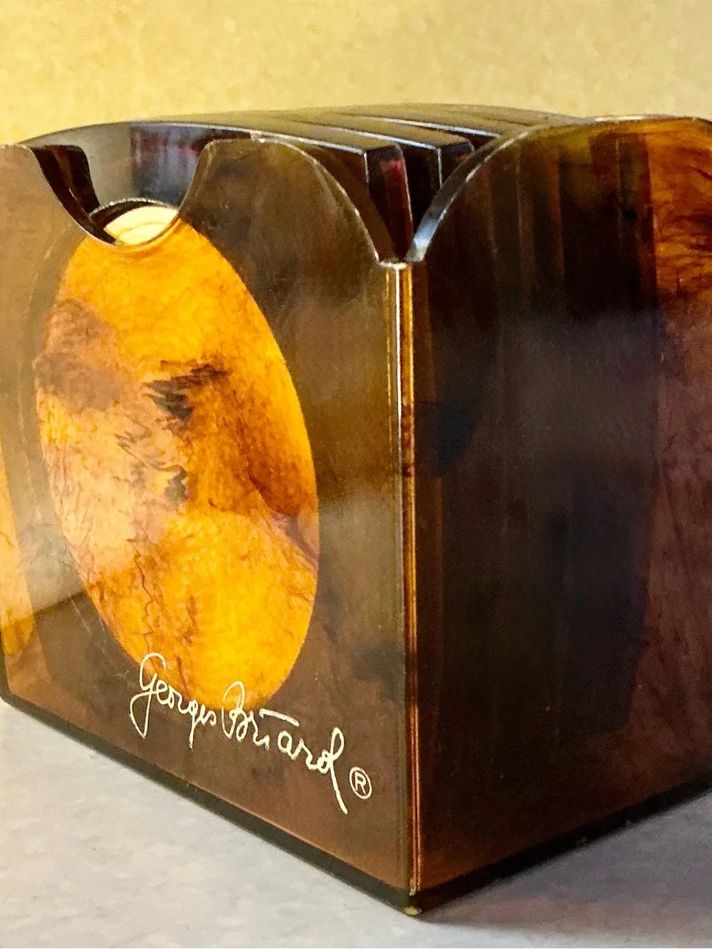 Vintage Coaster Holder Set Georges Briard Faux Tortoise Shell Lucite Raffia MCM